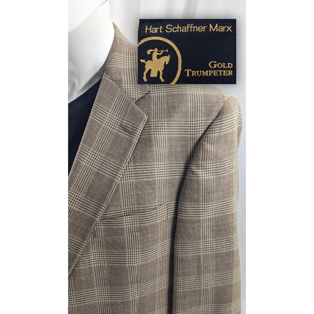 Hart Schaffner Marx Blazer Suit Jacket Wool Linen Glen Check Plaid 46R Big 50"
